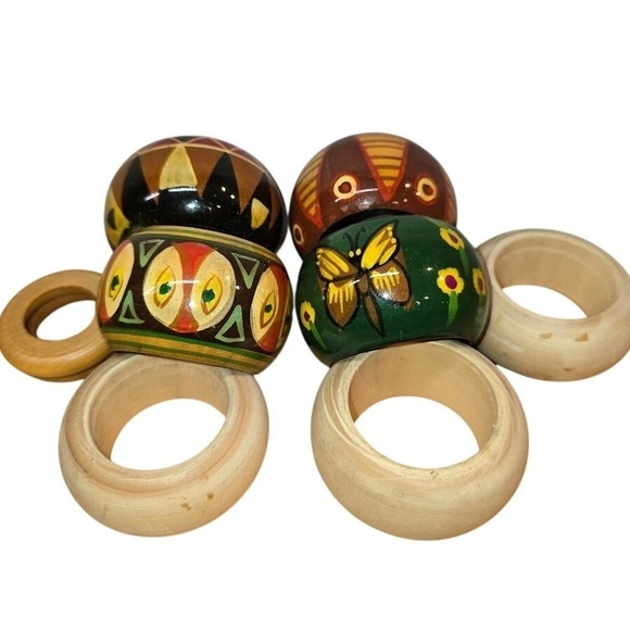 Other - 8 Total - Set of 4 Wooden Hand-Painted 2" Napkin Rings plus bonus 4 rings